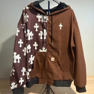 Y2K Cross Patterned Carhartt Brown and White Hooded Jacket, Lined Size XL